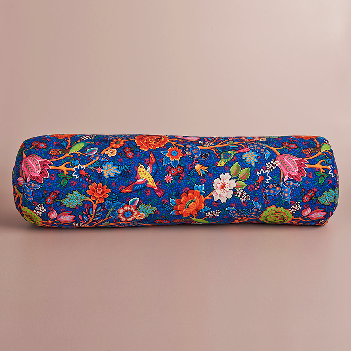 Bolster traversin de yoga bleu roi ,oiseaux et fleurs 