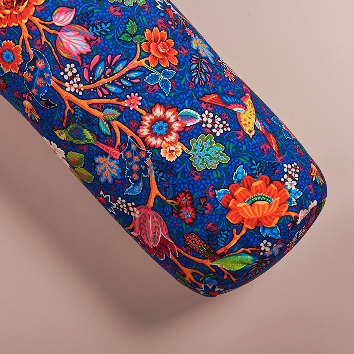 Bolster traversin de yoga bleu roi ,oiseaux et fleurs 