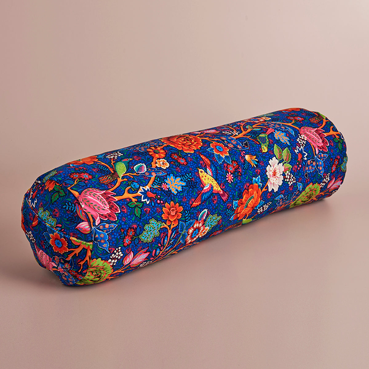 Bolster traversin de yoga bleu roi ,oiseaux et fleurs 