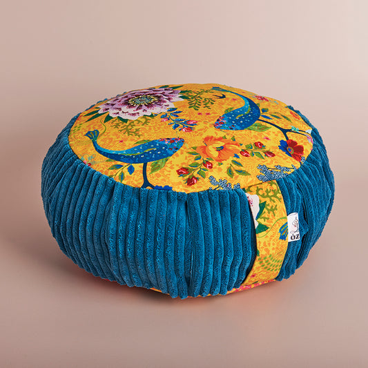 Coussin de méditation zafu lotus fond jaune contour bleu pétrole 